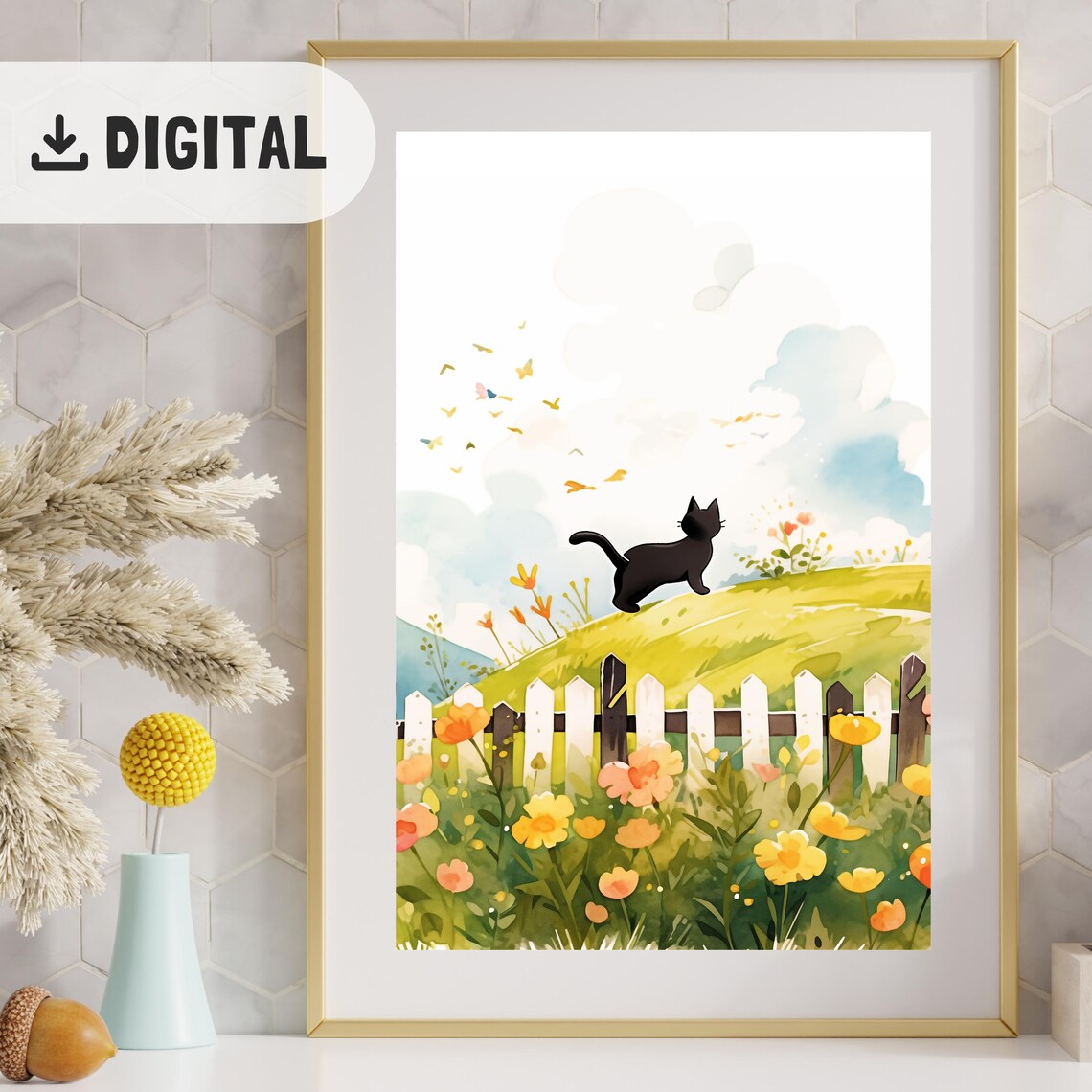 Black Cat on Flower Hill with Picket Fence Watercolor Painting Poster - Image 2