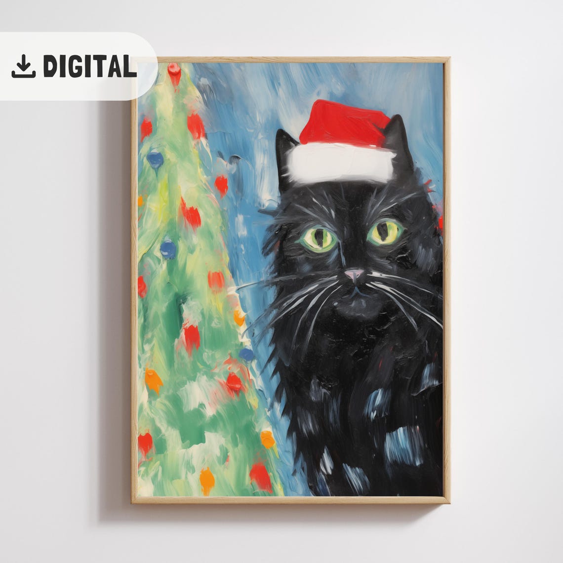 Black Cat Santa Hat Painterly Christmas Portrait Poster Gift - Image 2