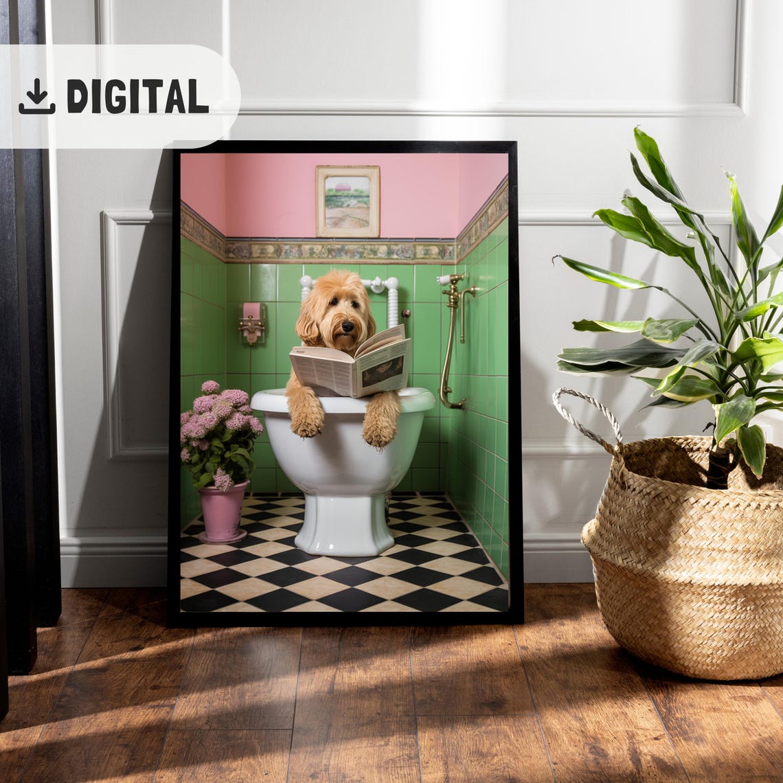 Goldendoodle Reading Book on Toilet in Green Tiled Bathroom Poster