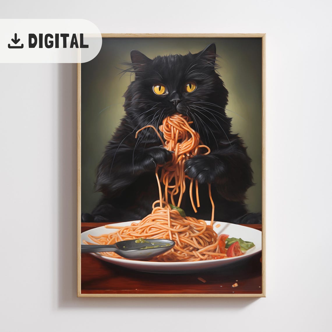 Black Cat Eating Spaghetti Funny Realistic Kitchen Poster Decor - Image 2