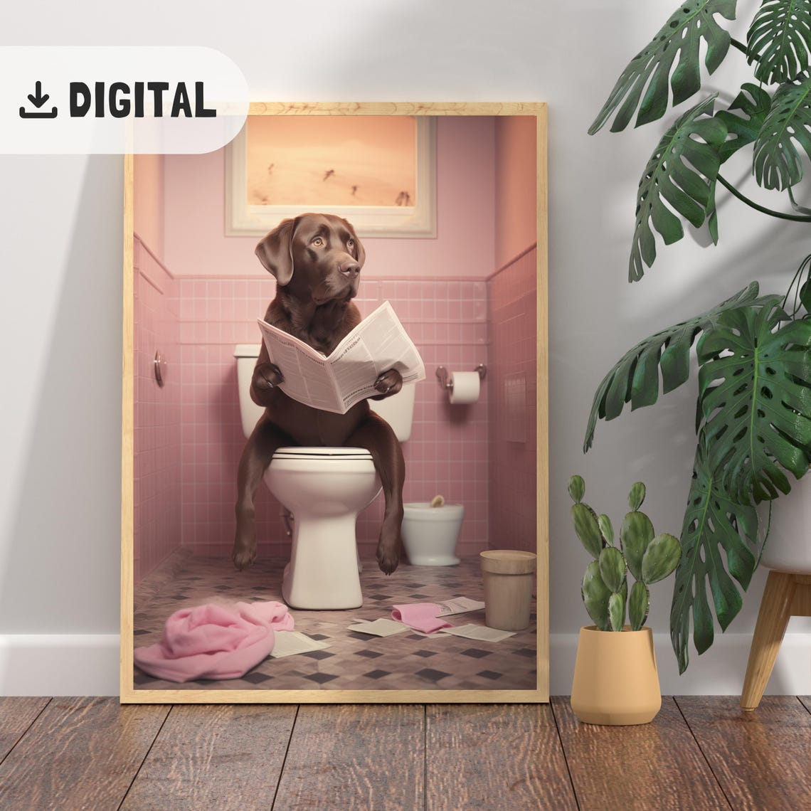 Chocolate Labrador Reading Newspaper in Pink Tiled Bathroom Poster