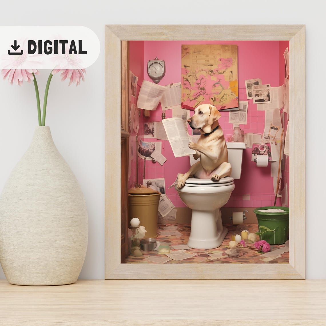 Yellow Labrador Reading Newspaper in Pink Bathroom Funny Poster