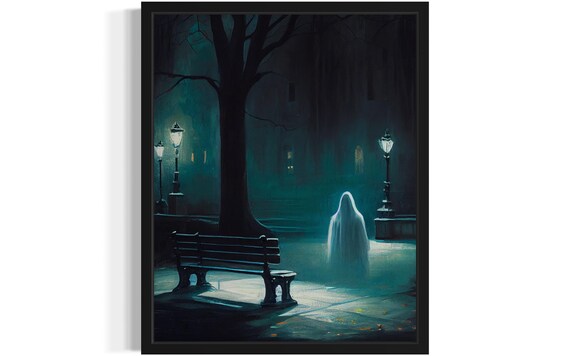Ghost In A Misty Empty Park By Lamp Light At Night Painting Poster