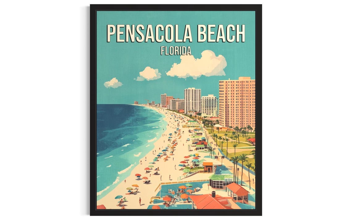 Pensacola Beach Florida Crowded Shore Vintage Travel Art Poster