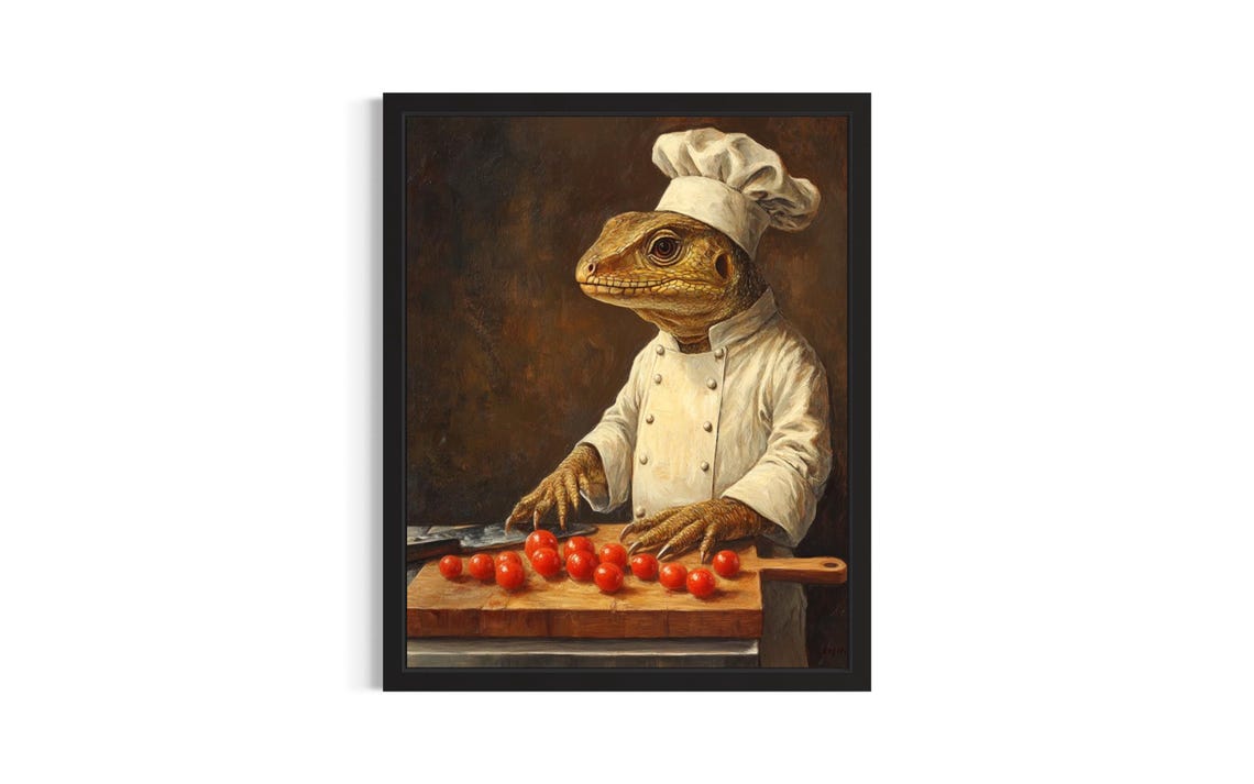 Lizard Chef Oil Painting Portrait Reptile Kitchen Decor Poster
