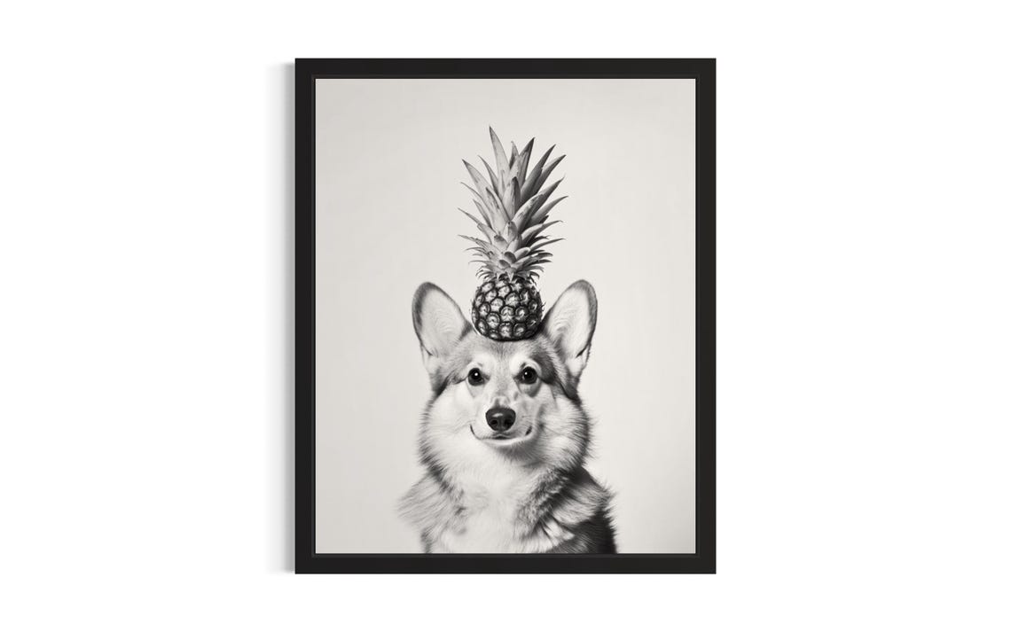 Corgi Balancing Pineapple Black and White Kitchen Dog Poster