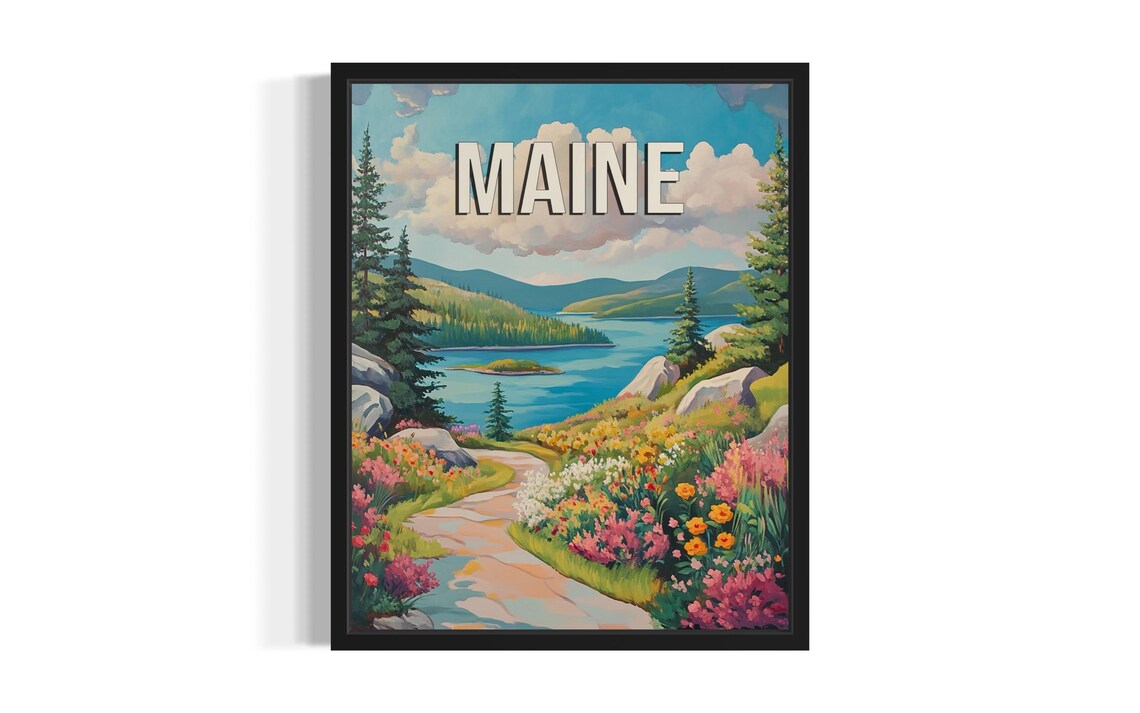 Maine Lake with Pine Trees and Wildflower Trail Summer Travel Poster