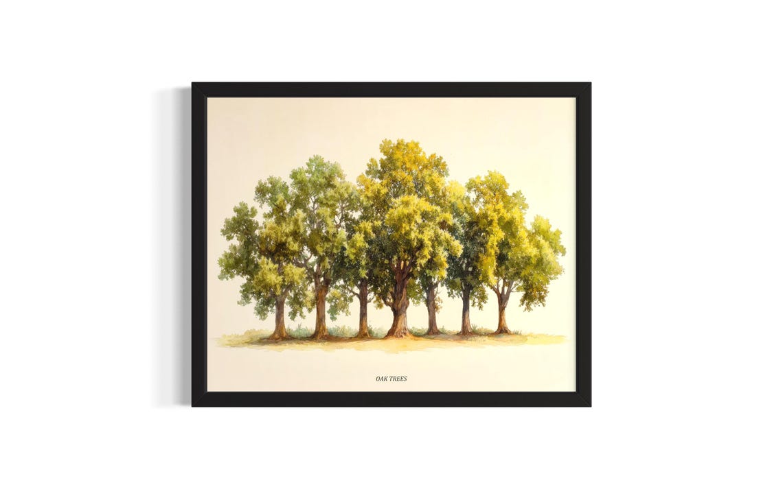 Tall Oak Trees Watercolor Botanical Green Canopy Forest Wall Art