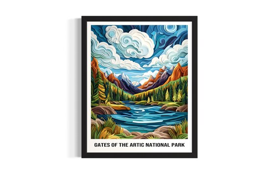 Gates of the Arctic National Park 3D Paper Cut River Scene Poster