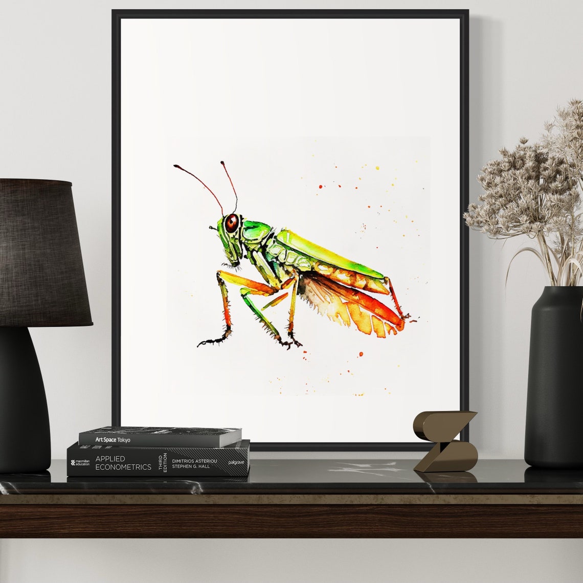 Wide-Eyed Green Cricket Leaping in a Watercolor Splash Poster