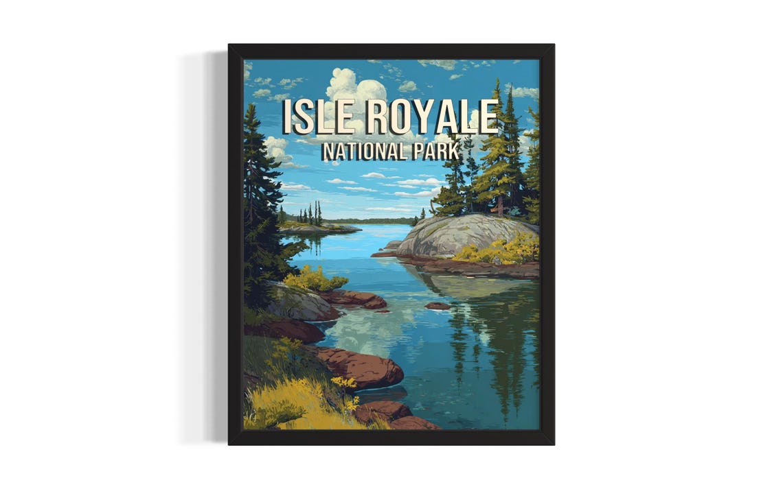 Isle Royale National Park Rocky Lake Shoreline Vintage Travel Poster
