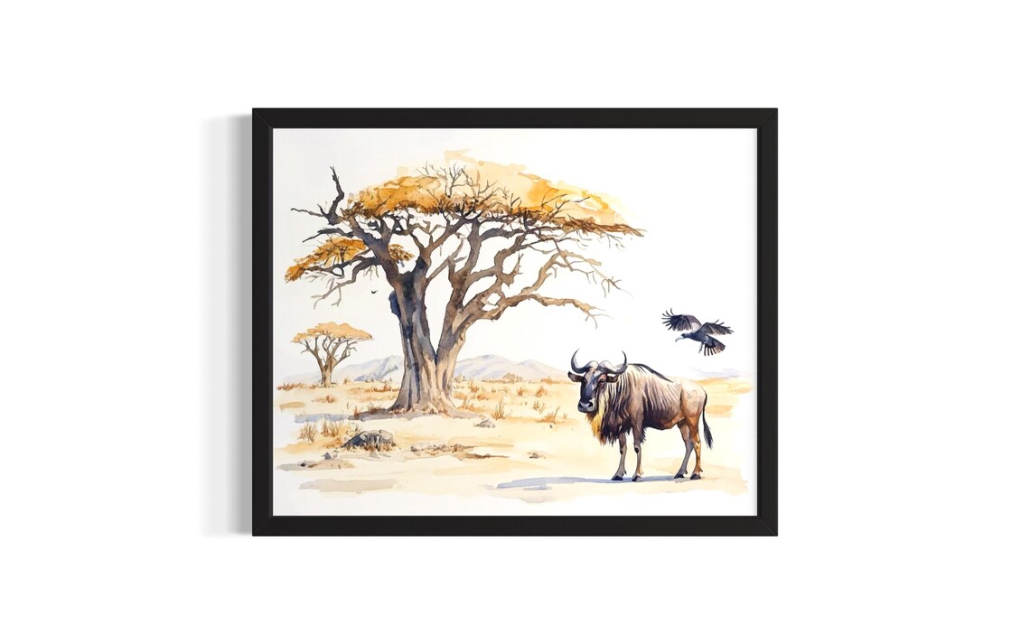 Wildebeest And Vulture Safari Watercolor African Savannah Scene Poster