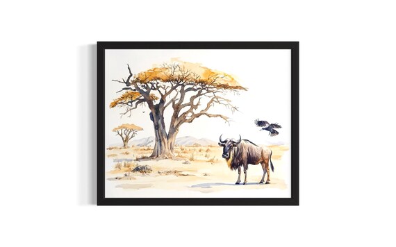 Wildebeest And Vulture Safari Watercolor African Savannah Scene Poster