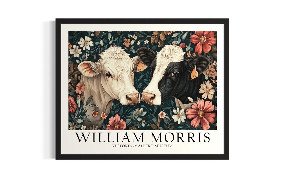 William Morris Dairy Cow Pair In Wildflower Meadow Vintage Art Poster