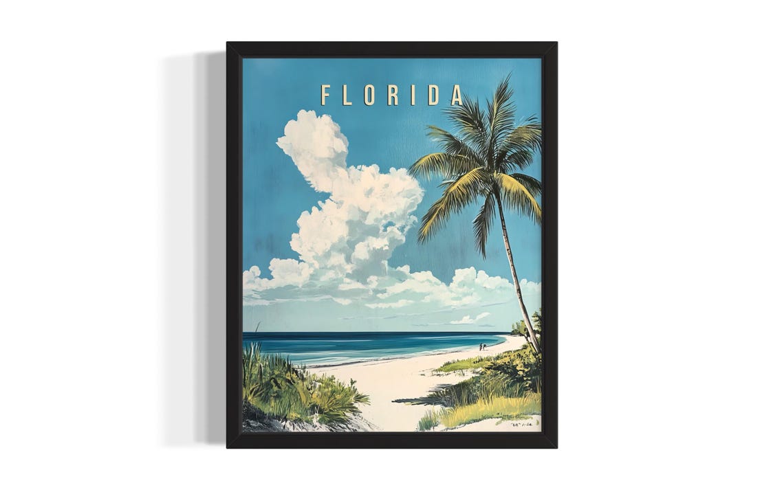 Florida Palm Tree Beach Turquoise Waves Vintage Travel Poster