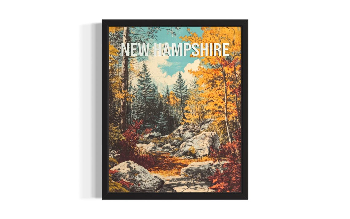 New Hampshire Autumn Forest Stream Vintage Travel Style Poster