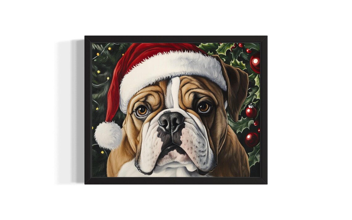 English Bulldog in Santa Hat with Christmas Holly Berries Poster