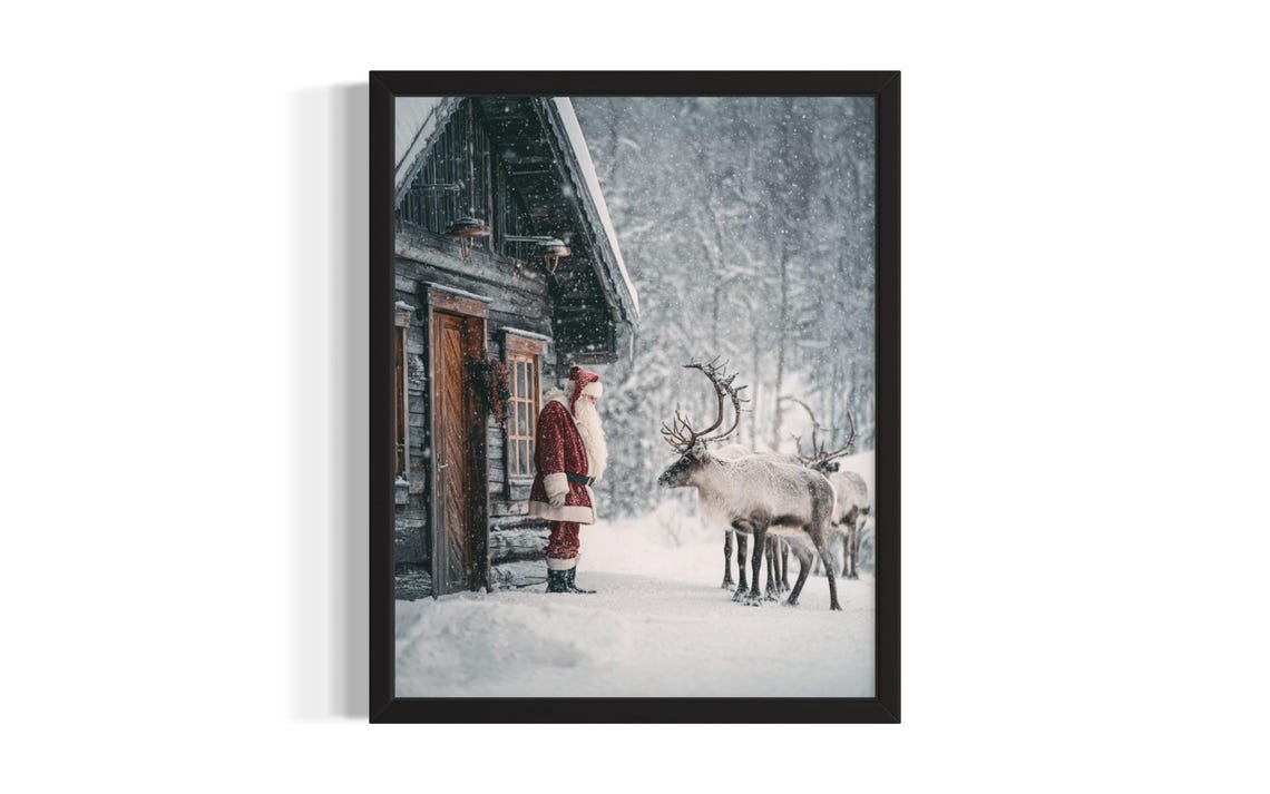 Santa Claus At A Snowy Log Cabin Door With Three Reindeer Poster