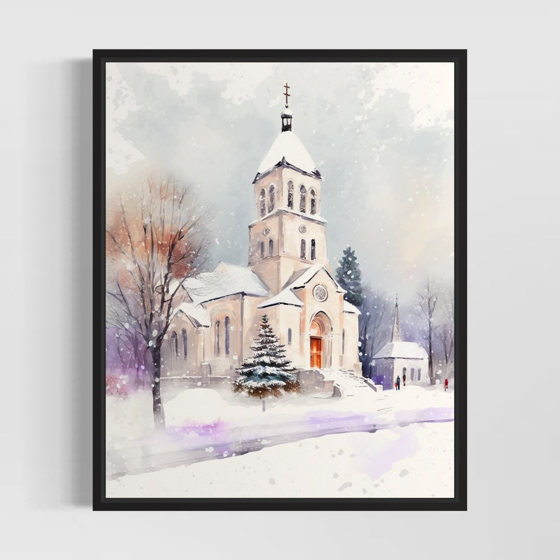 Snowy Village Church Tower in Winter Night Watercolor Poster