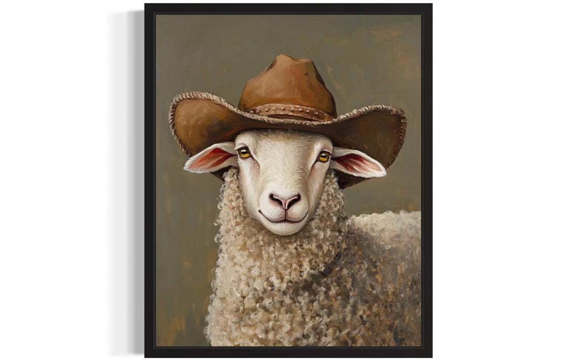 Fluffy Sheep in Brown Cowboy Hat Funny Western Farm Portrait Poster