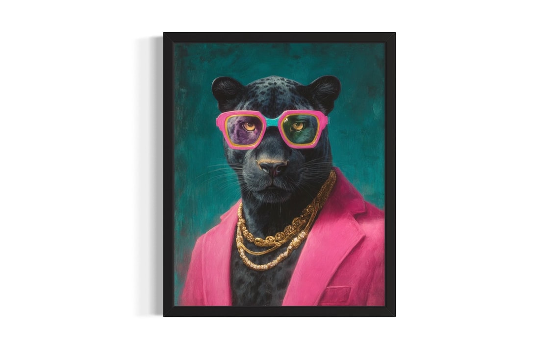 Funky Black Panther in Pink Suit with Pink Sunglasses Oil Poster