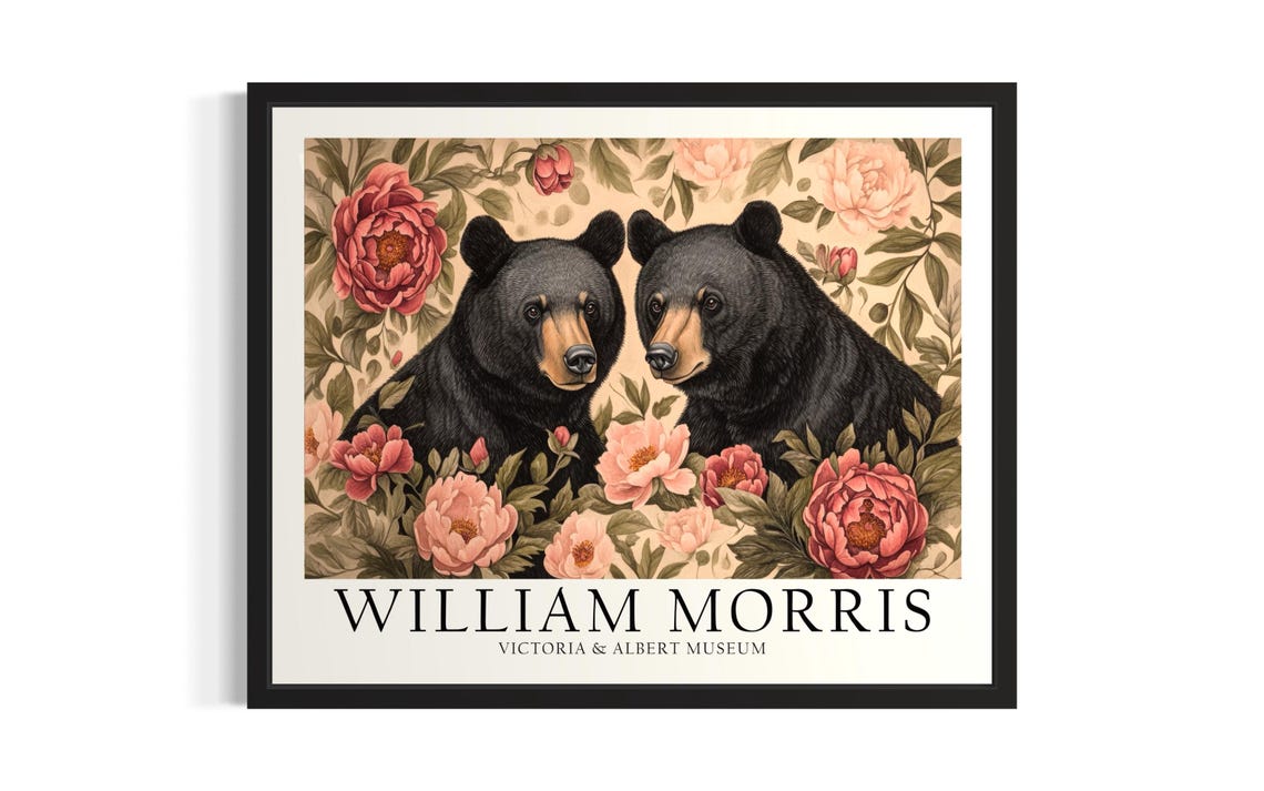 Black Bears William Morris Animals Poster Art Print Living Room Wall Original Painting Artwork Decor