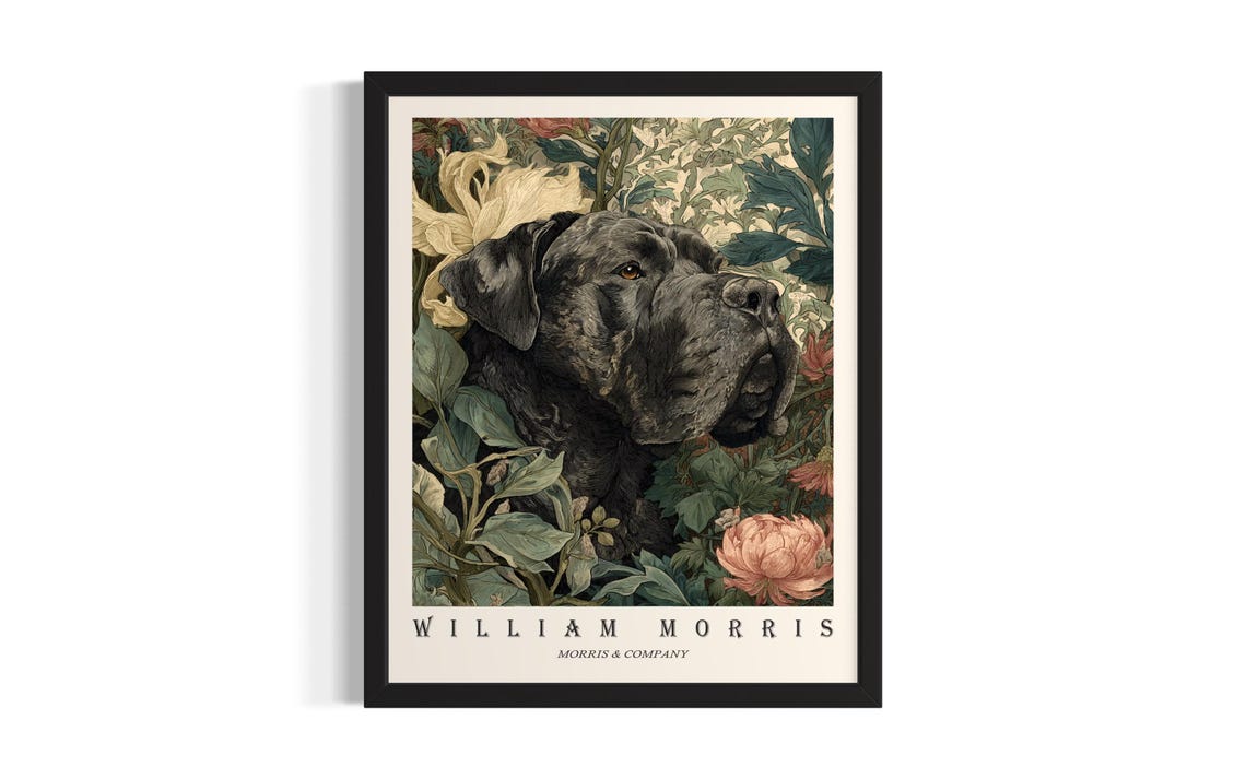 Dark Mastiff William Morris Botanical Floral Dog Portrait Poster