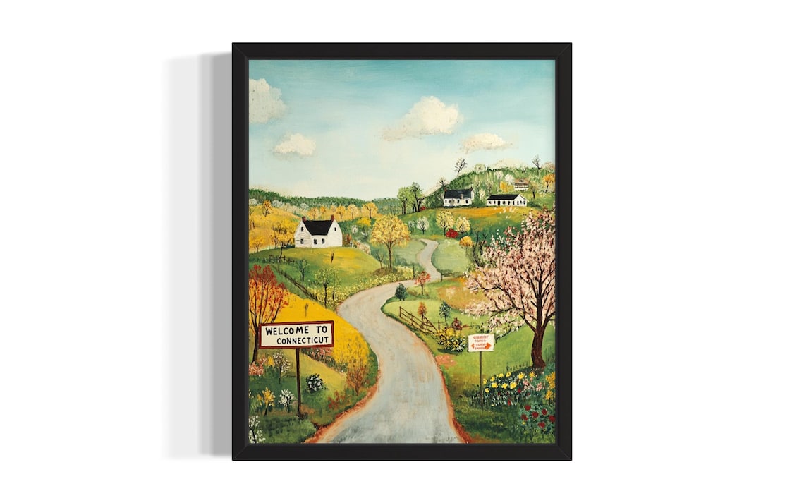 Welcome To Connecticut Blossom Farmhouse Country Road Folk Poster