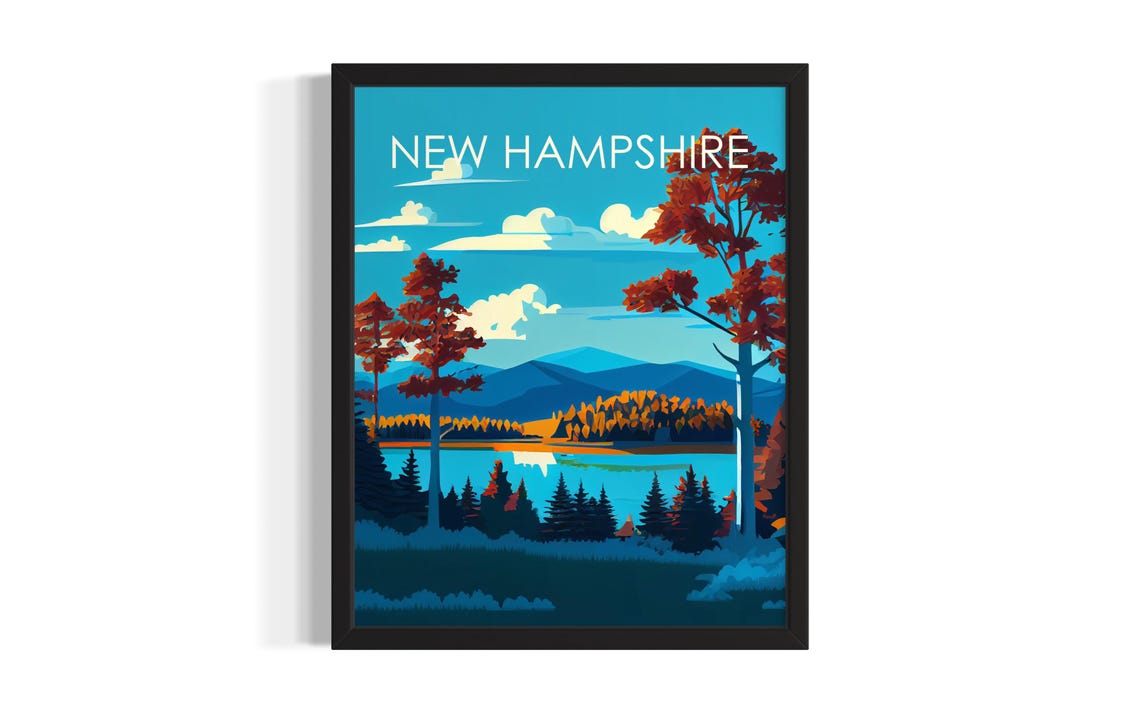 New Hampshire Mountain Lake Retro Style Travel Design Poster