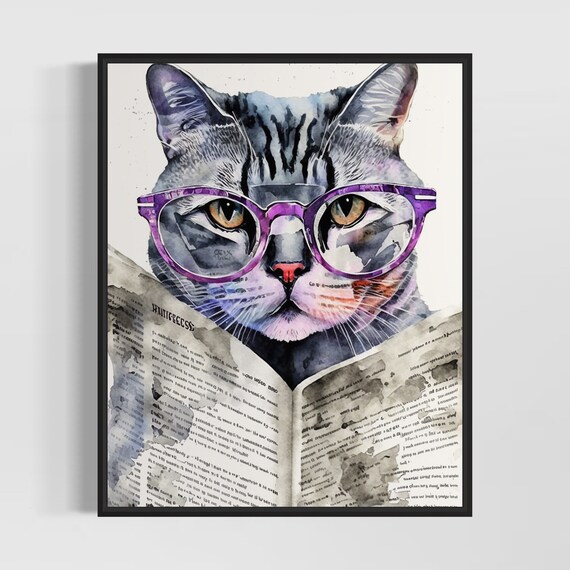 Cat In Glasses Reading The Morning Newspaper Watercolor Art Poster