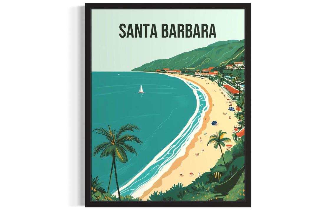 Santa Barbara Beach With Palms And Sailboat Retro Travel Poster