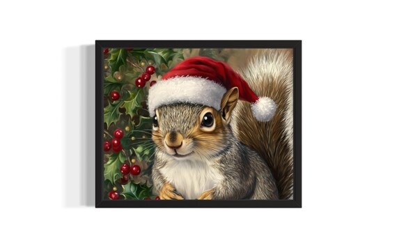 Squirrel Wearing A Santa Hat Among Holly Berries Christmas Poster