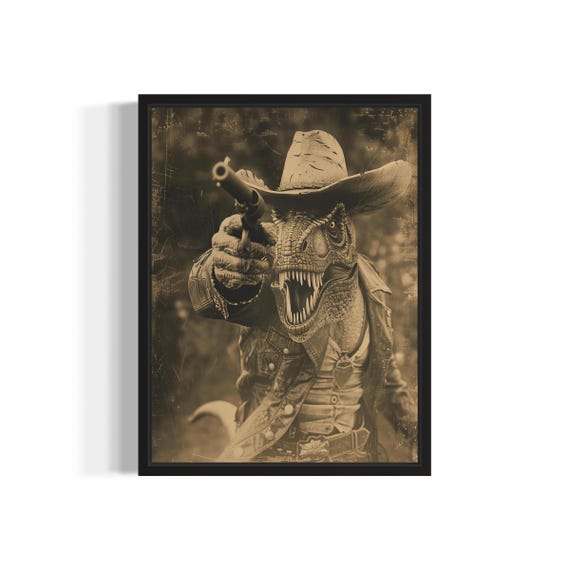 T Rex Cowboy Art Print Vintage Gothic Wall Art Painting Decor Photo