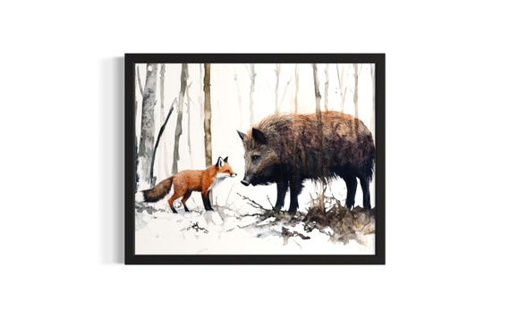 Wild Boar And Fox Animal In Harmony Forest Wildlife Poster Art Print Living Room Wall Original Painting Artwork Decor