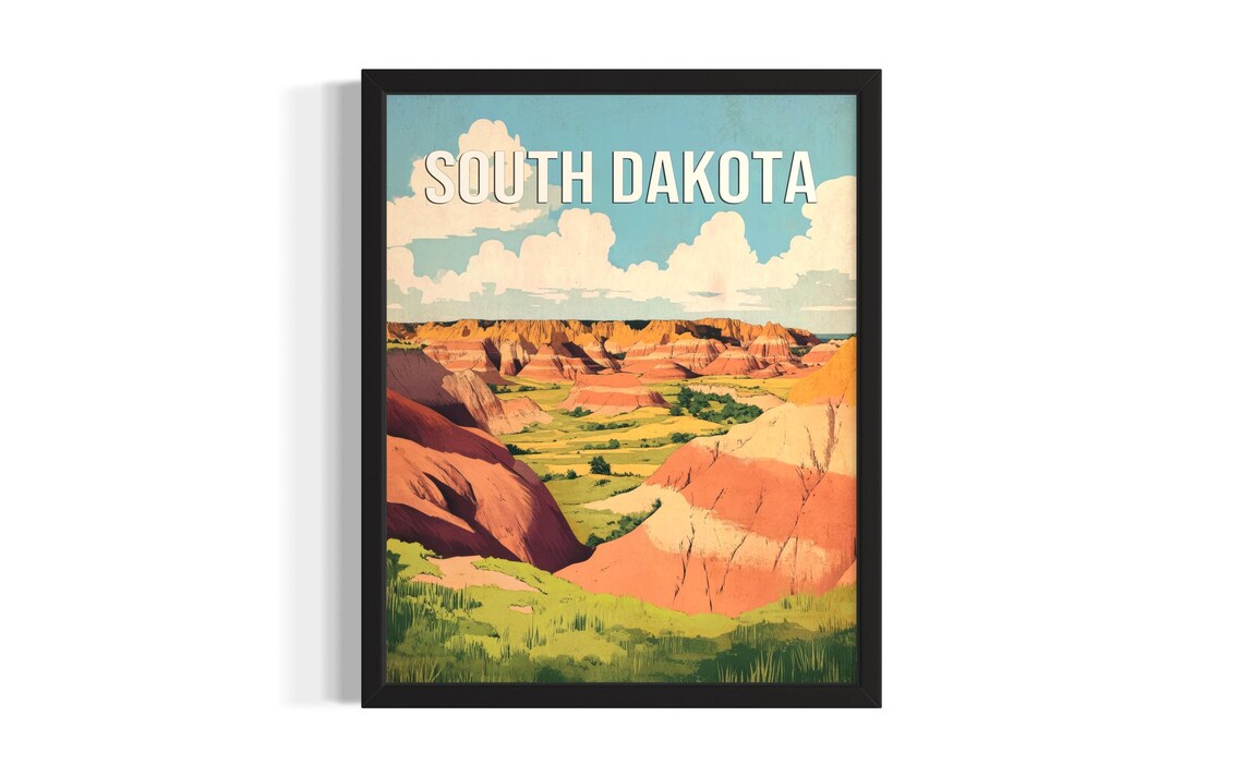South Dakota Badlands Eroded Buttes Prairie Retro Travel Poster