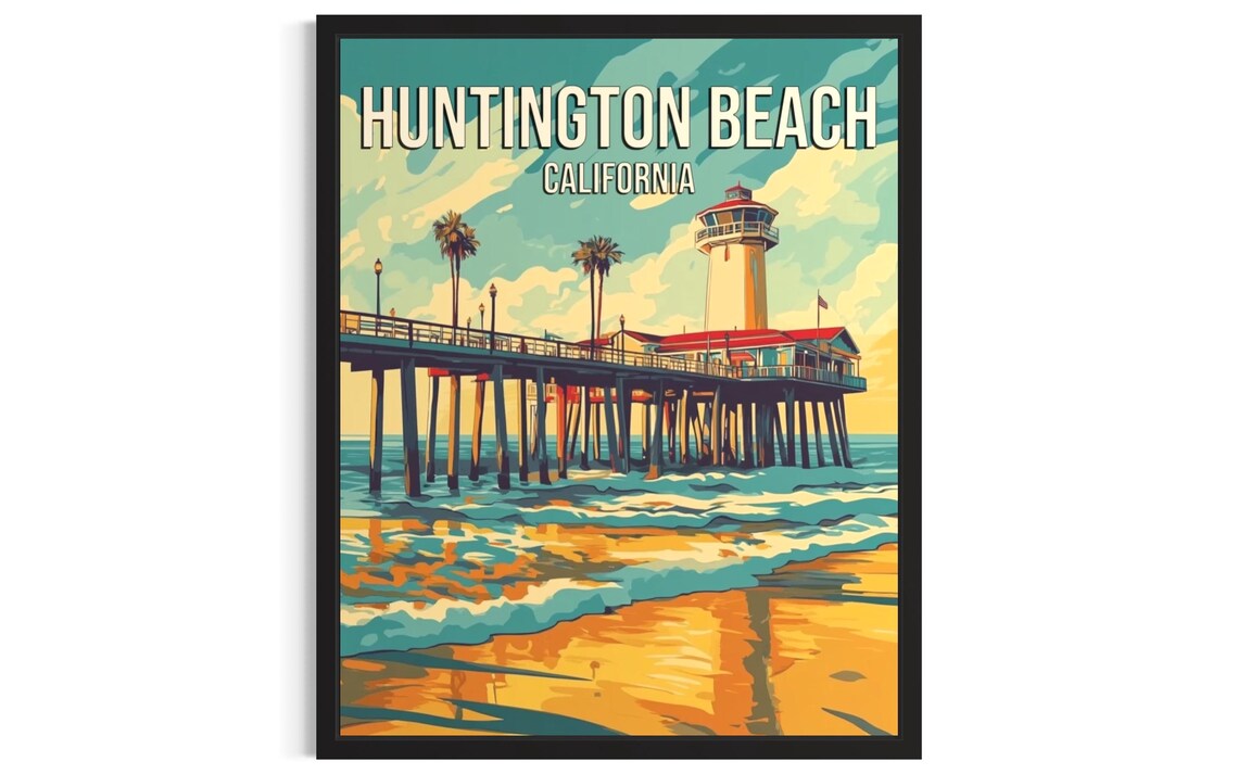 Huntington Beach California Vintage Poster Pier Sunset Waves