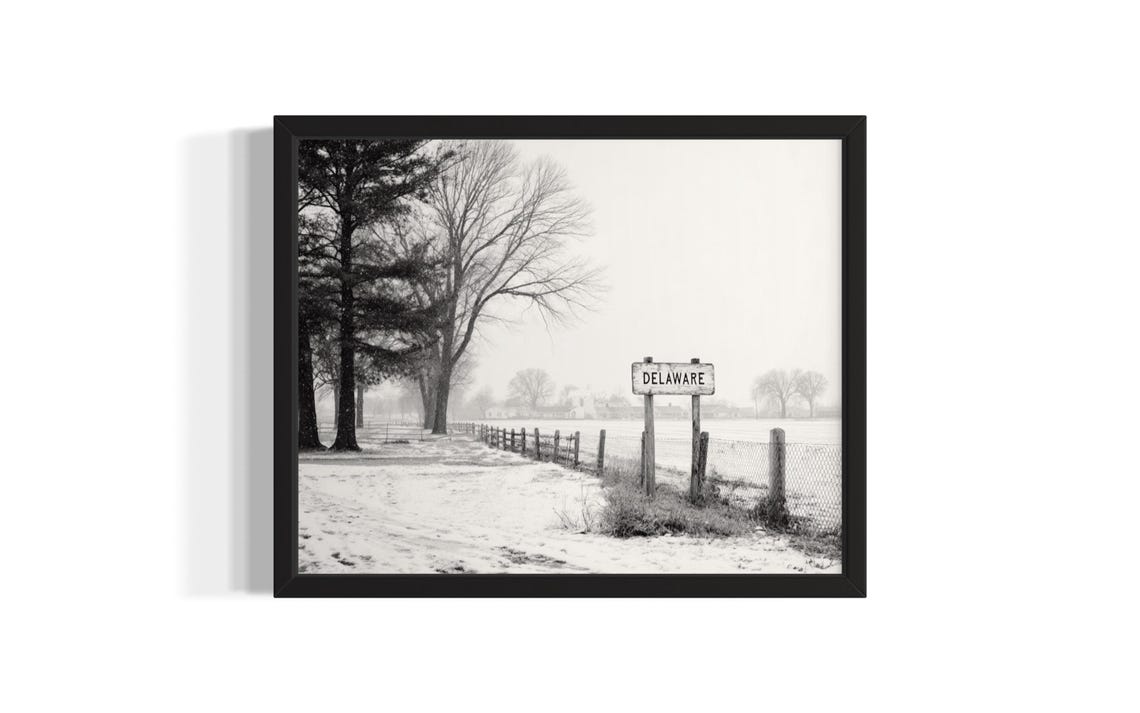 Delaware Road Sign Snowy Country Road Winter Black and White Wall Art