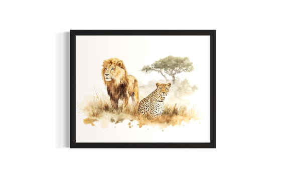 Leopard And Lion Animal In Safair Harmony Poster Art Print Living Room Wall Original Painting Artwork Decor
