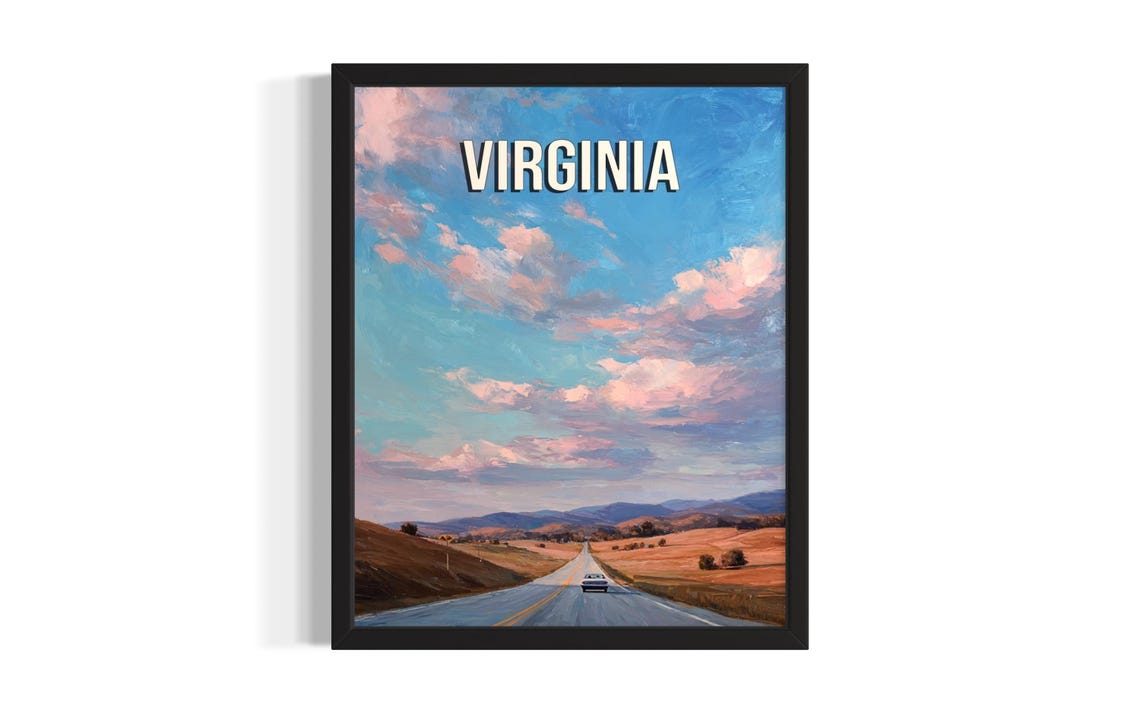 Virginia Open Highway Lone Car Sunset Road Trip Scenic Art Poster