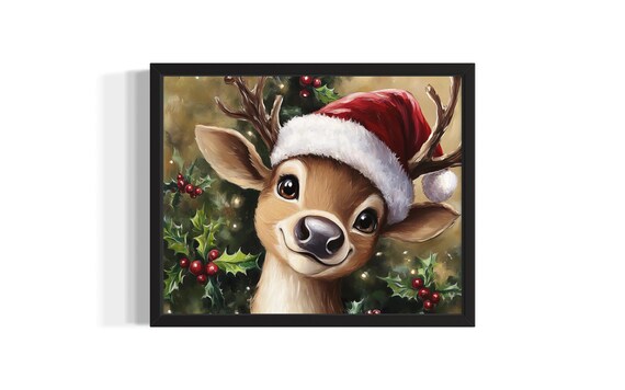 Baby Reindeer Wearing A Santa Hat Among Holly Berries Christmas Poster