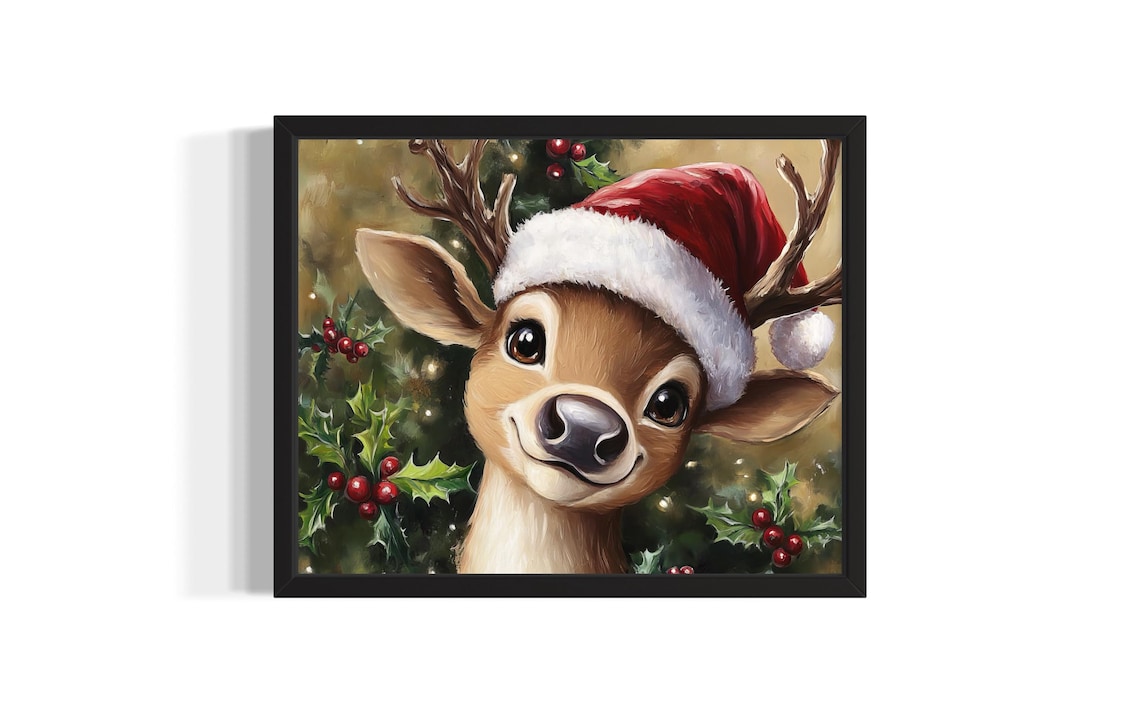 Baby Reindeer Wearing A Santa Hat Among Holly Berries Christmas Poster