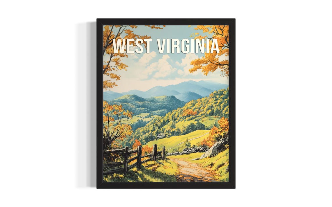 West Virginia Autumn Mountain Trail Split Rail Fence Fall Poster Art