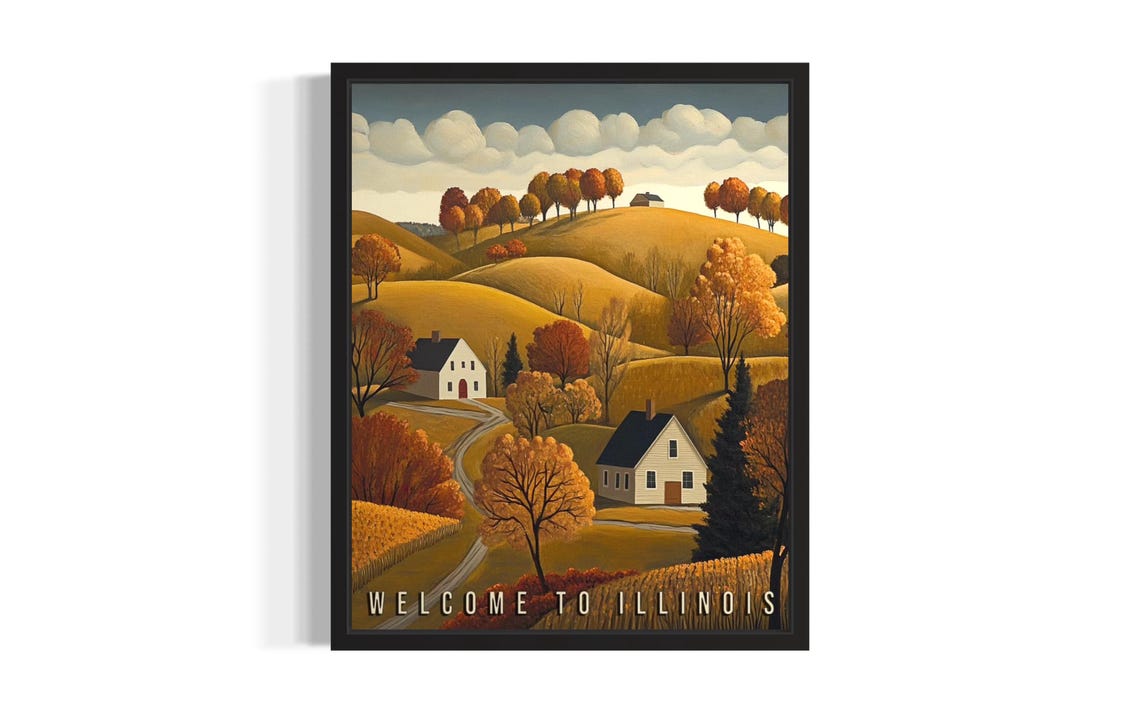 Welcome to Illinois Autumn Hills Farmhouses Folk Art Style Poster
