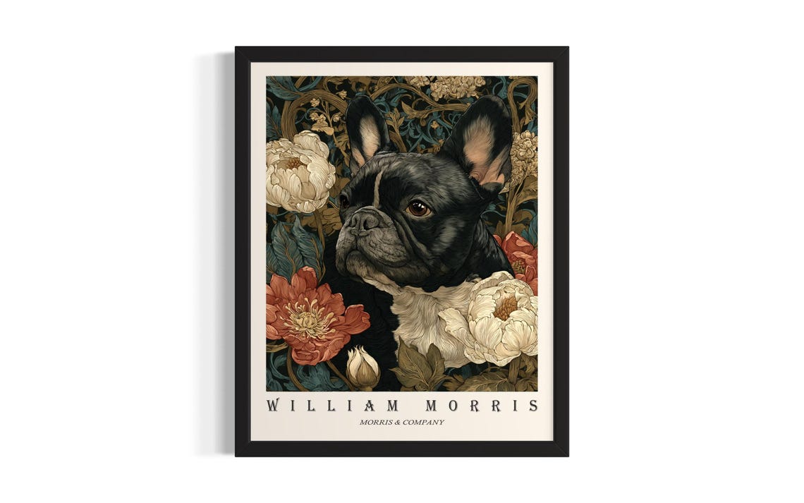 Black French Bulldog William Morris Botanical Floral Portrait Poster