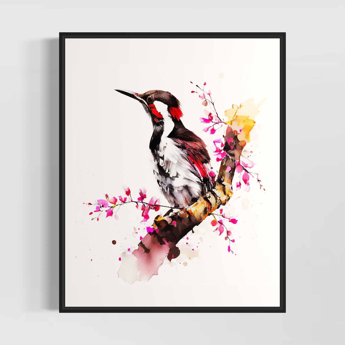 Spotted Woodpecker on Cherry Blossom Branch Watercolor Art Poster