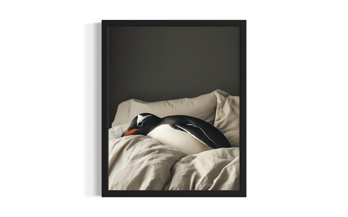 Gentoo Penguin Sleeping on Pillows Cozy Bedroom Art Vintage Poster