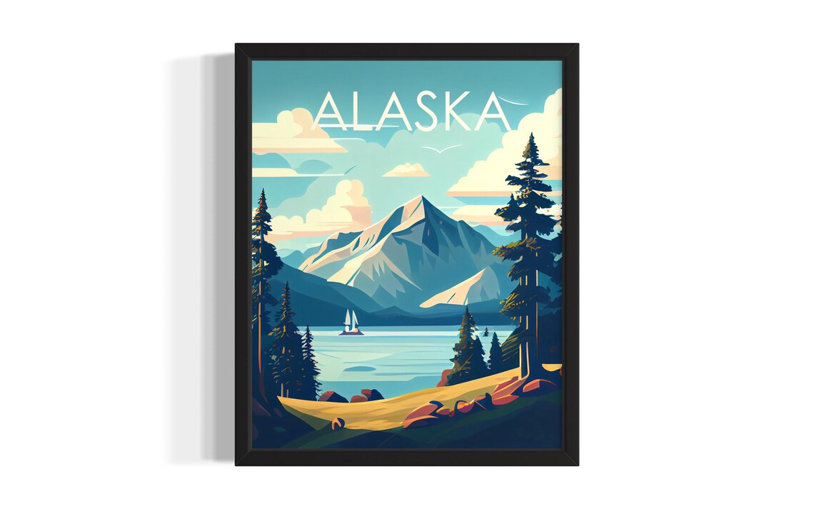 Alaska Mountain Lake Sailboat Retro Travel Illustration Poster