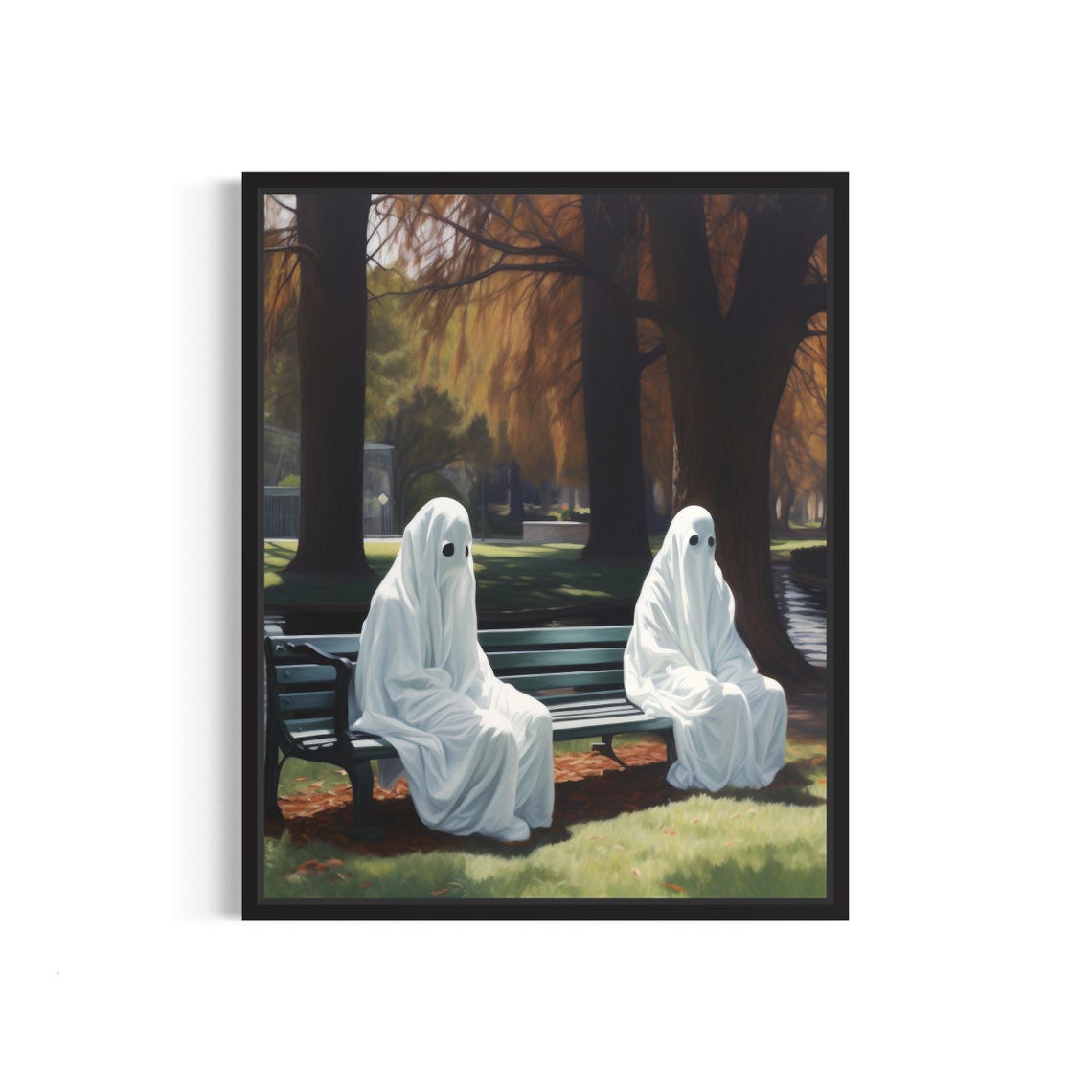 Two Ghosts on Park Bench in Autumn Park Spooky Halloween Poster