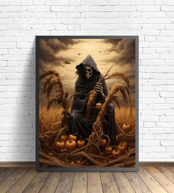Grim Reaper Sitting In A Pumpkin Harvest Field Autumn Poster