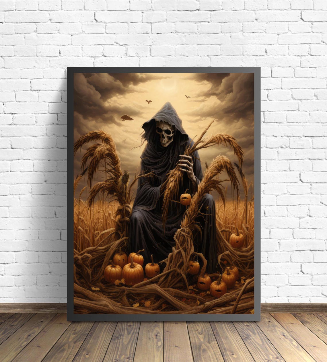 Grim Reaper Sitting In A Pumpkin Harvest Field Autumn Poster